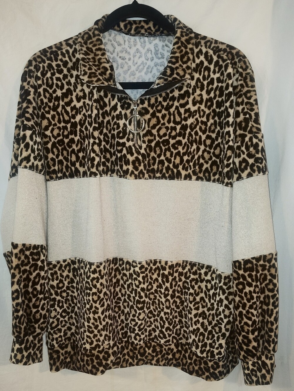 Leopard Print Half-Zip Pullover with Cream Stripe
